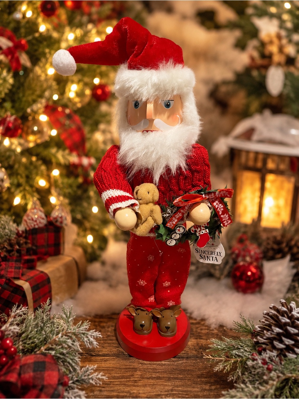 Sincerely Santa Christmas Nutcracker Holiday Décor with Teddy Bear & Wreath – NW
